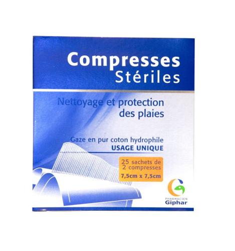 Compresses stériles 7,5 x 7,5 - 25 sachets de 2 compresses