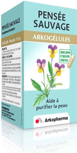 Le complément alimentaire Arkogélules Pensée Sauvage permet de purifier les peaux grasses et acnéiques afin de retrouver une peau saine et éclatante.