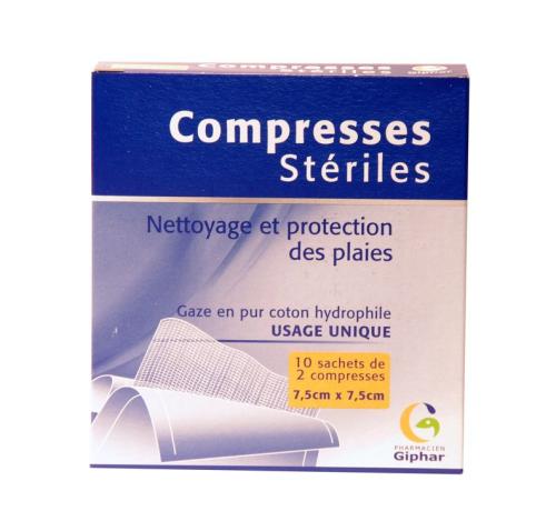 Compresses stériles 7,5 x 7,5 - 10 sachets de 2 compresses
