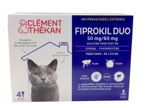 Fiprokil duo chat est une solution antiparasitaire pour chat de 1 à 6kg anti puces et anti tiques